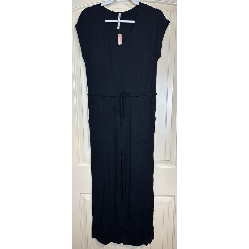 Soma French Terry Wide Leg Jumpsuit Size Small Black Stretch Built In Bra $89